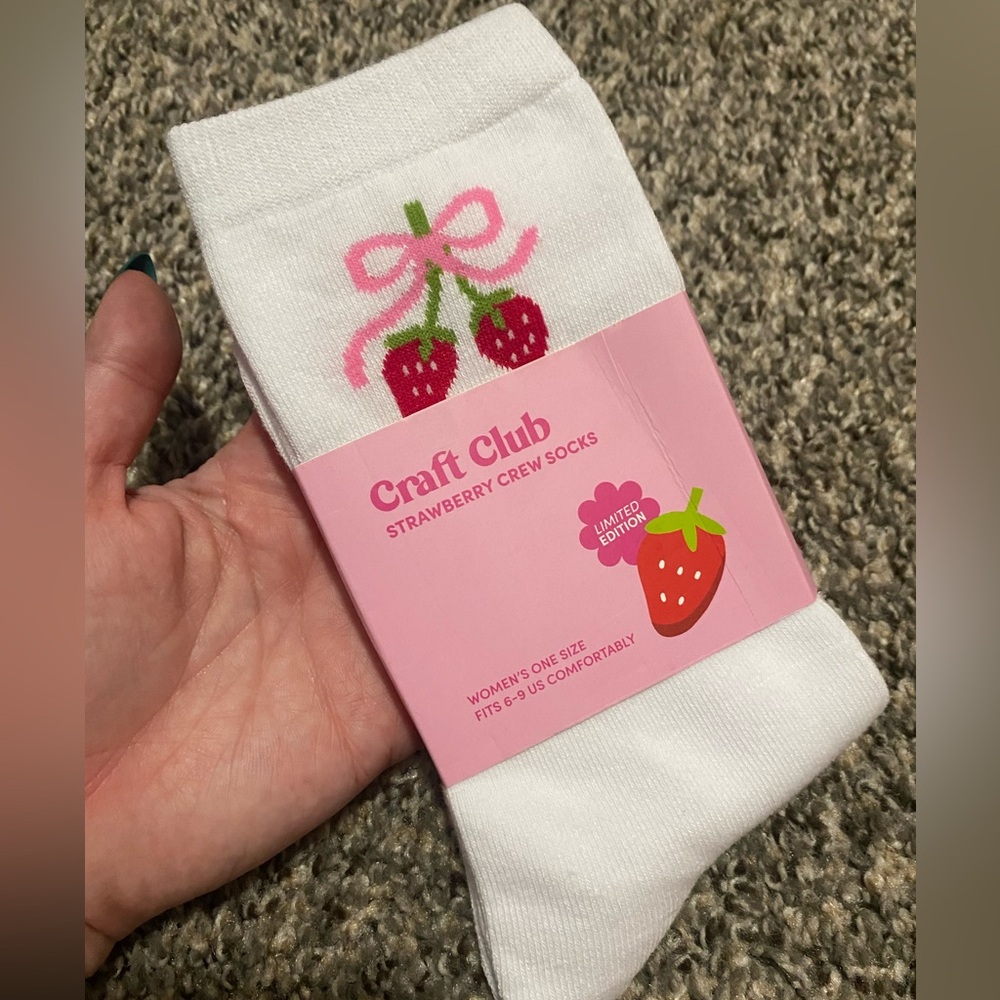 Strawberry Crew Socks - White with Pink & Red Strawberry Design